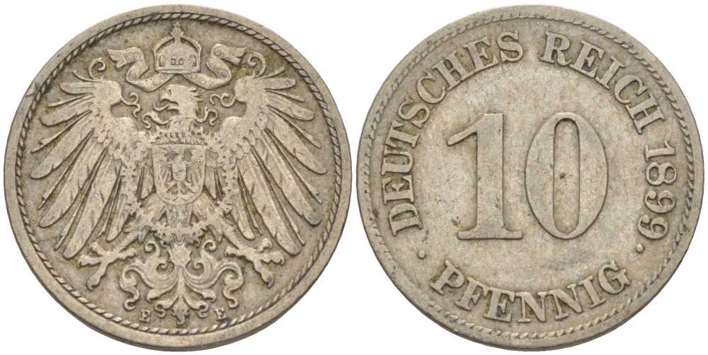 ГЕРМАНИЯ 10 ПФЕННИГОВ 1899 E KM 12, J. 13 медно-никель 4401-1117