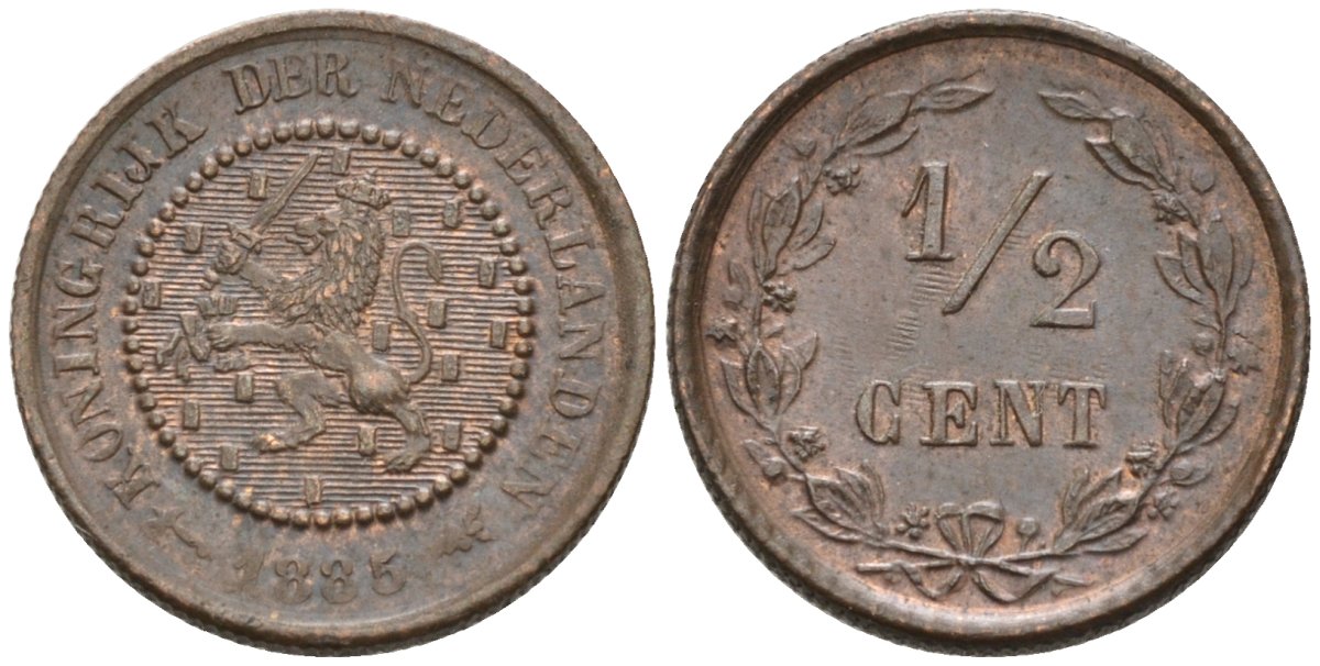 Нидерланды 1/2 цента 1885 Виллем III (1849-1890) KM 109 бронза 4576-268