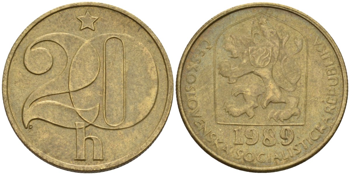 Чехословакия 20 геллеров 1989 KM 74 латунь 4152-847