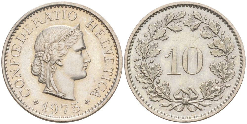 ШВЕЙЦАРИЯ 10 РАППЕНОВ 1975 KM 27 медно-никель 55-456