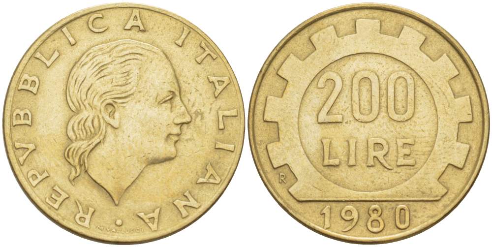 Италия 200 лир 1980 R, шестерня KM 105 алюминиевая бронза 4529-153