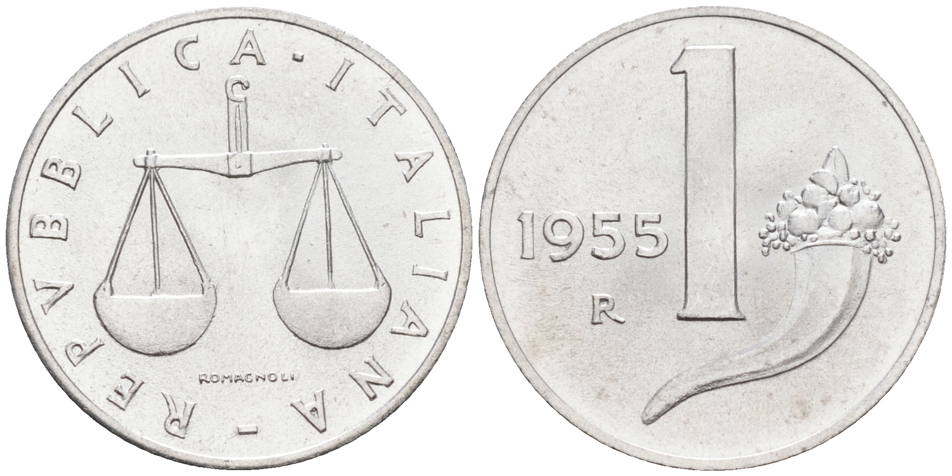 Италия 1 лира 1955 R, весы KM 91 алюминий  UNC  4594-629