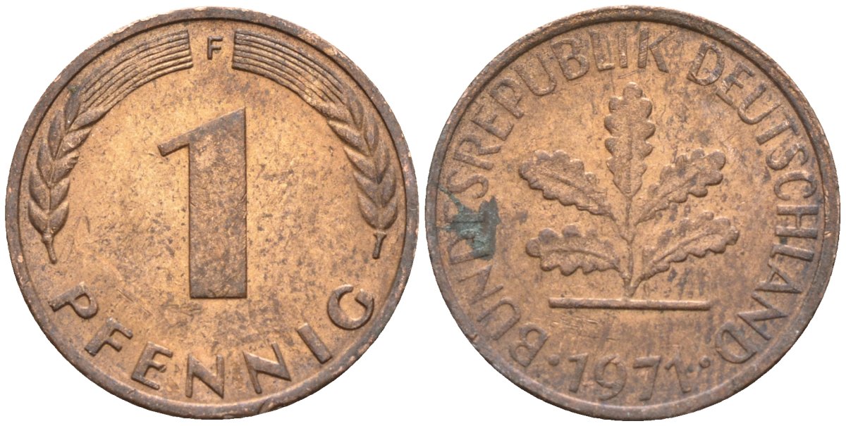 ФРГ 1 пфенниг 1971 F KM 105, J.380 сталь плакированная медью 4174-621