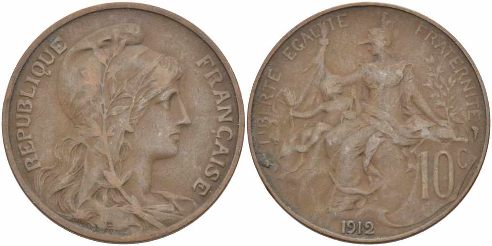 ФРАНЦИЯ 10 САНТИМОВ 1912 ТИП ДАНИЭЛЬ ДЮПЮИ KM 843, LA FRANC 136.22 бронза 109-311