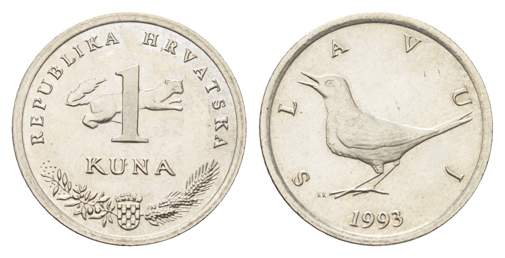 Хорватия 1 куна 1993 западный соловей, нечетный год KM 9.1 медь цинк никель UNC 4659-729