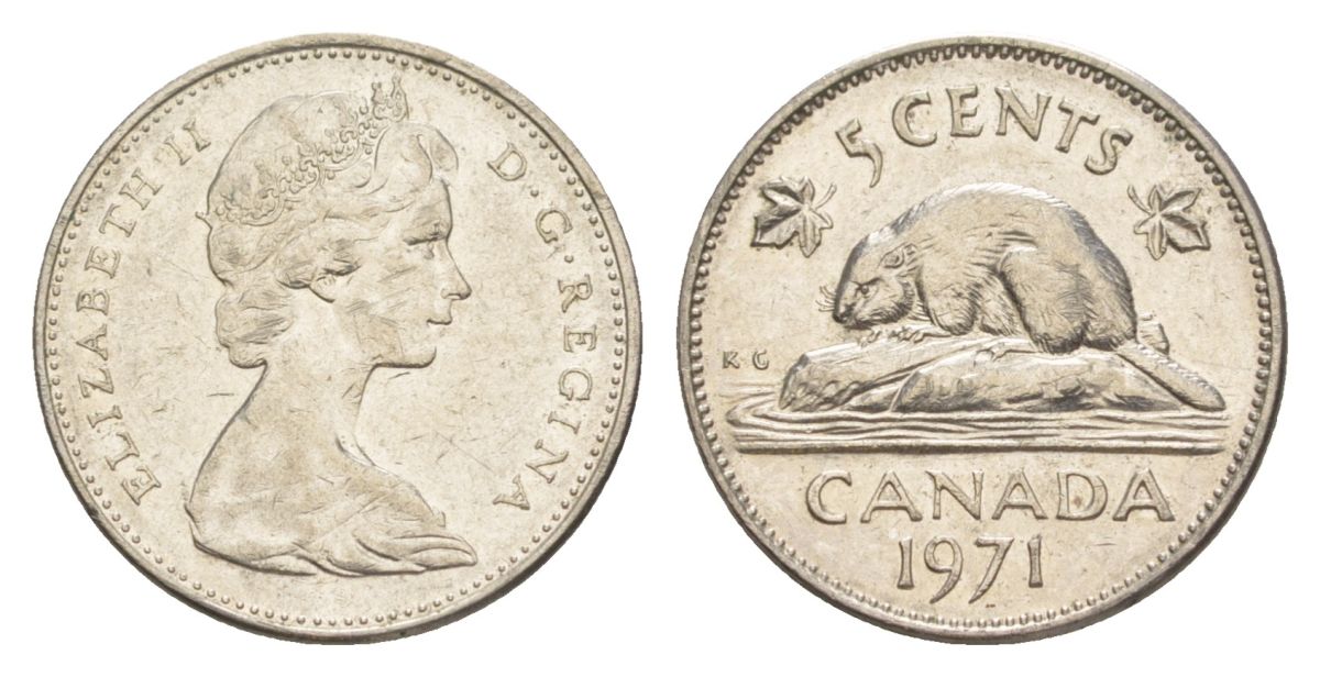 Канада 5 центов 1971 Елизавета II (1952-2022), бобр KM 60.1 никель 4630-718