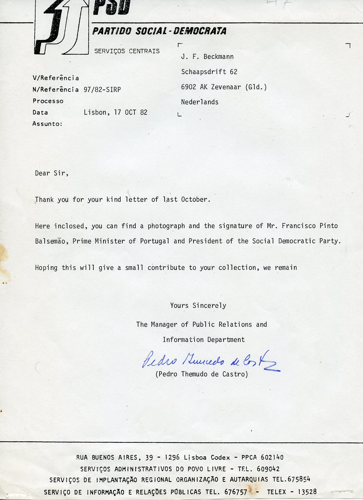 Португалия автограф 1982 фотография с автографом Франсишку Пинту Балсемау и сопроводительное письмо      8805-74-1