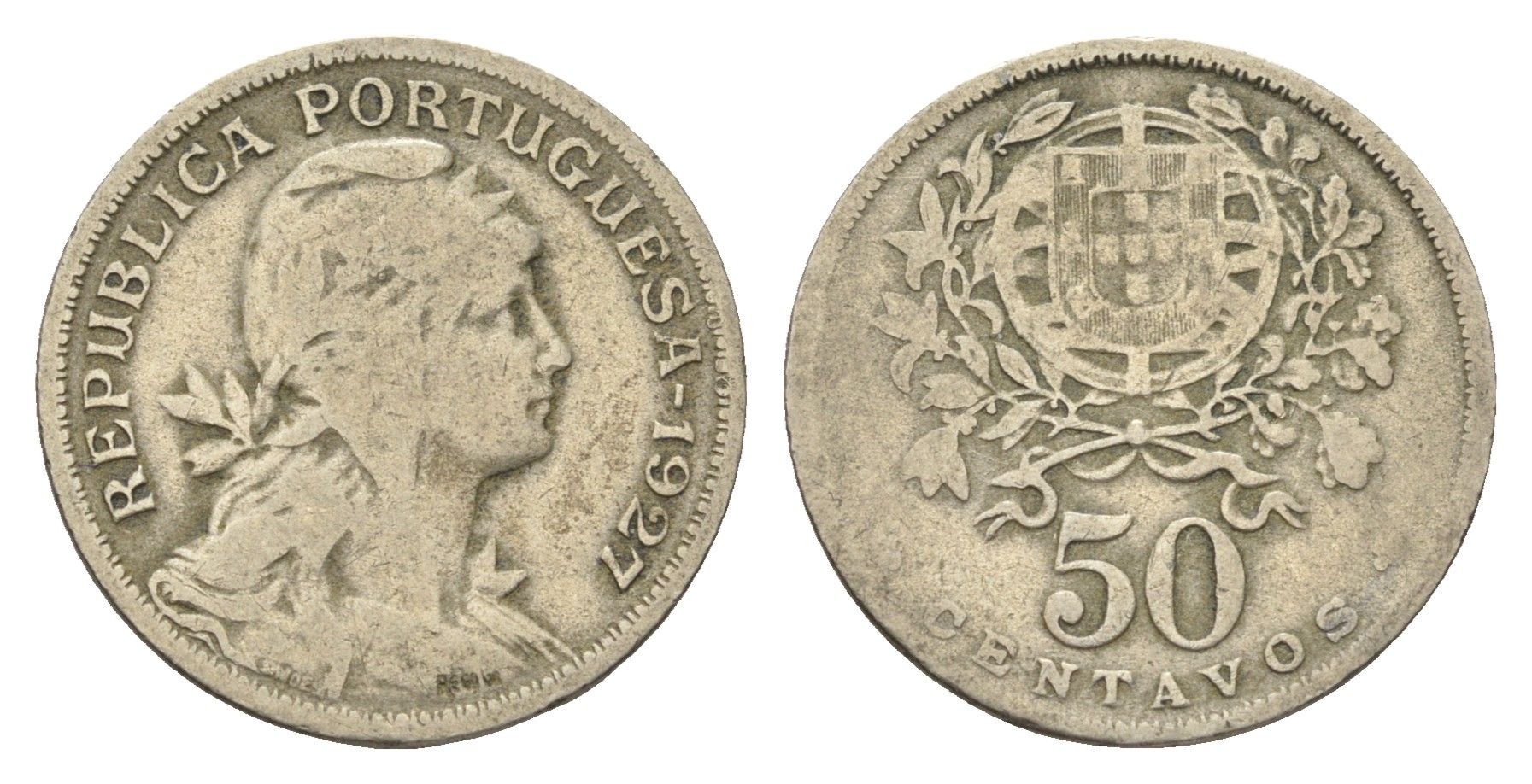 Португалия 50 сентаво 1927 голова Свободы вправо KM 577 никель латунь 4659-627