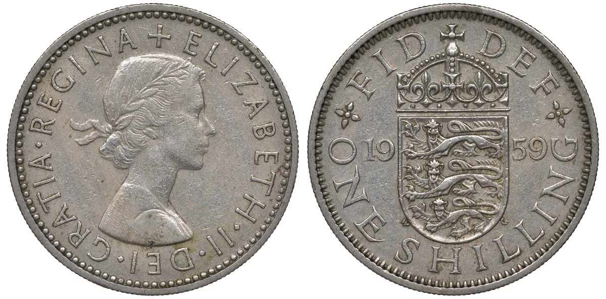 Великобритания 1 шиллинг 1959 Елизавета II (1952-2022), Английский герб KM 904, Spink 4147 медно-никель 4122-1037