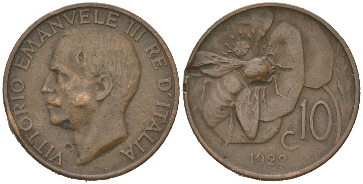 Италия 10 чентезимо 1922 R, Виктор Эммануил III (1900-1946) KM 60 медь 113-253
