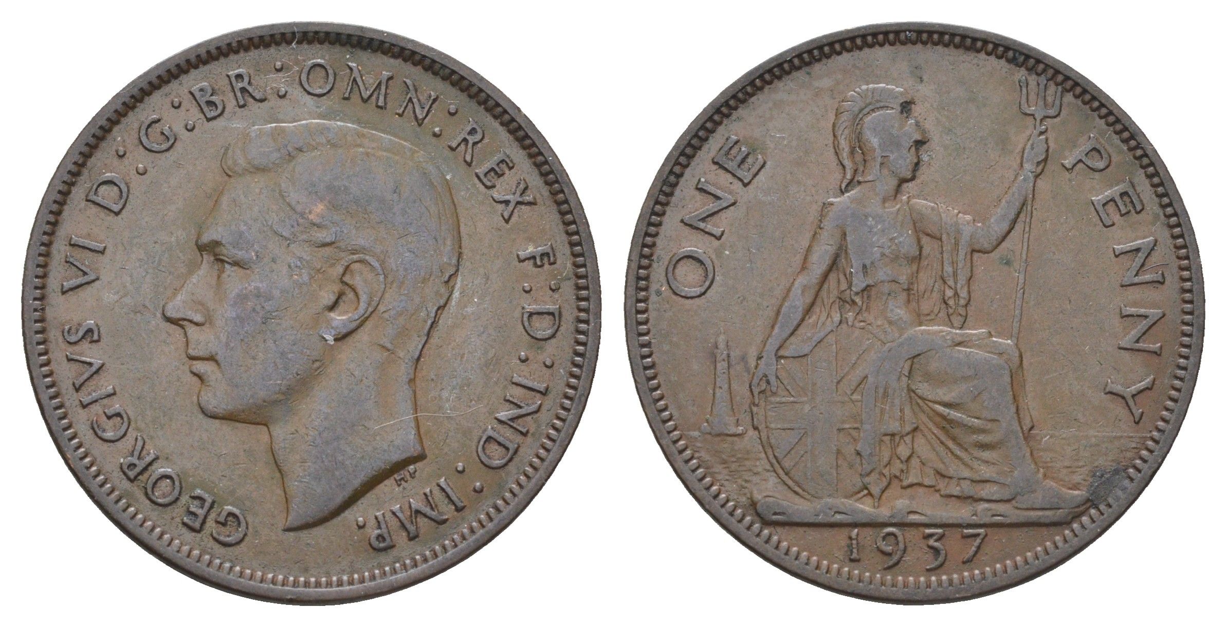 Великобритания 1 пенни 1937 Георг VI (1936-1952) KM 845, Spink 4114 бронза 4536-326