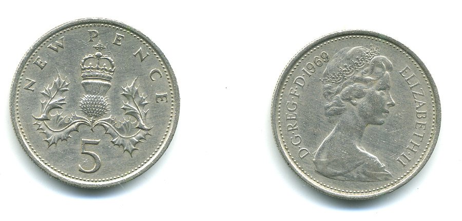 Великобритания 5 пенсов 1969 Елизавета II (1952-2022) KM 911, Spink 4233 (D1) медно-никель 540-515