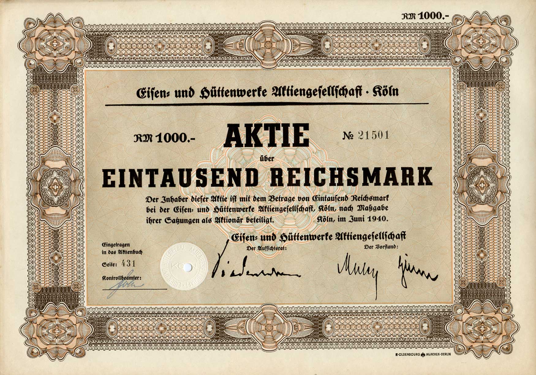 Германия 1000 рейхсмарок 1940 Акционерное общество металлургических и металлургических заводов, Кельн, акция   бумага   8803-64-1