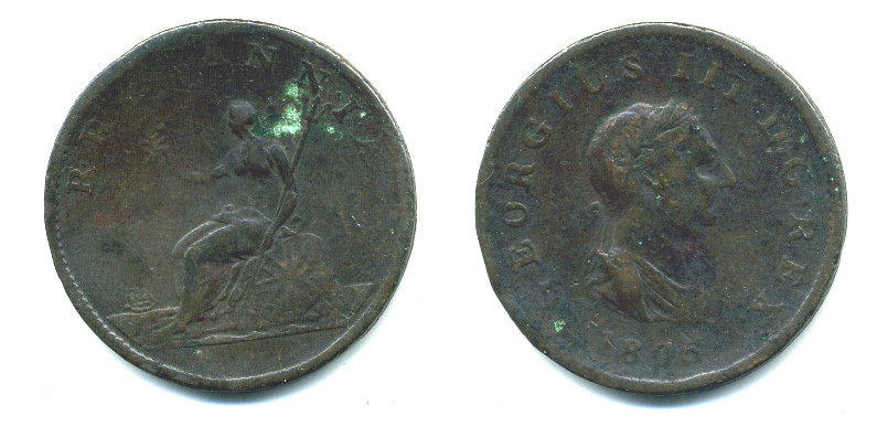 Великобритания 1/2 пенни 1806 Георг III (1760-1820) KM 662, Spink 3781 медь 4383-925