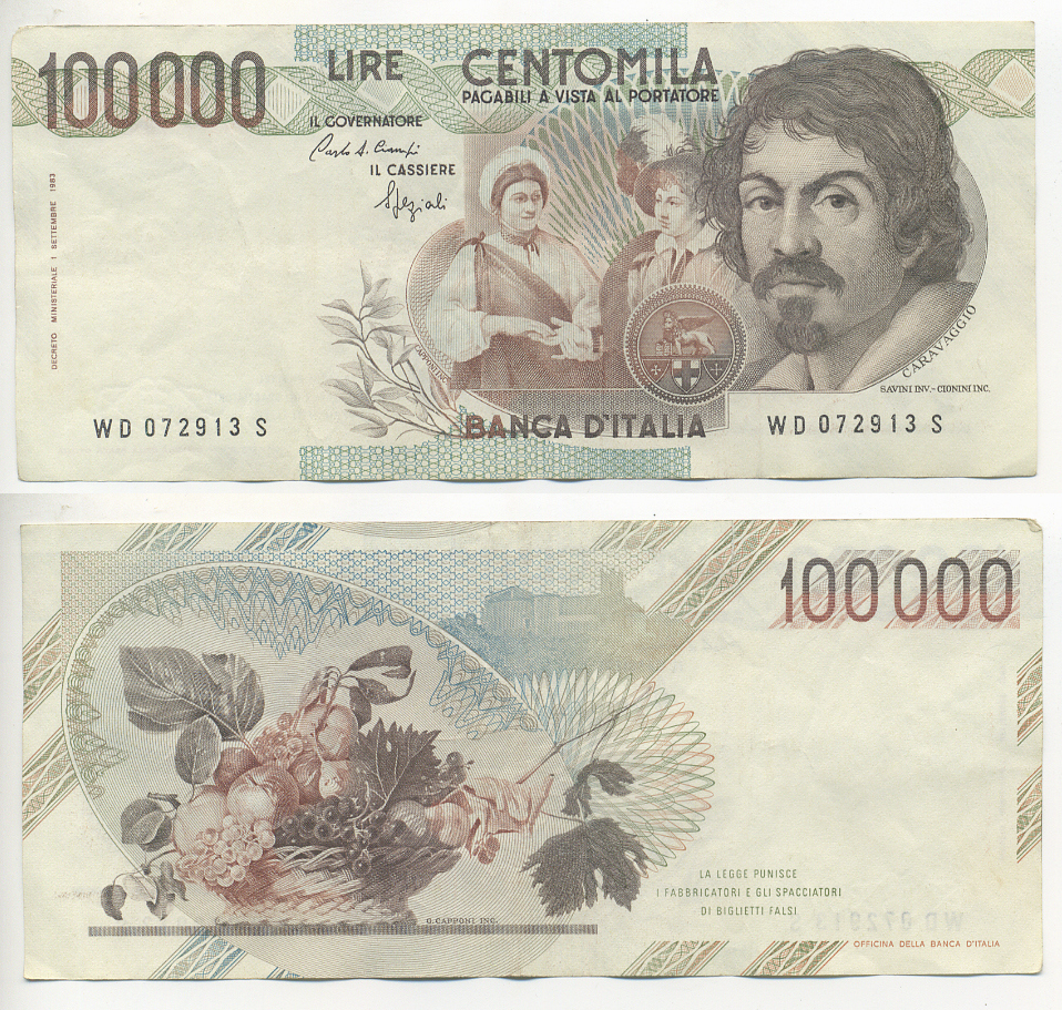 Италия 100000 лир 1983 Караваджо, фруктовый букет, подпись Stevani Pick 110а бумага 7220-7-3