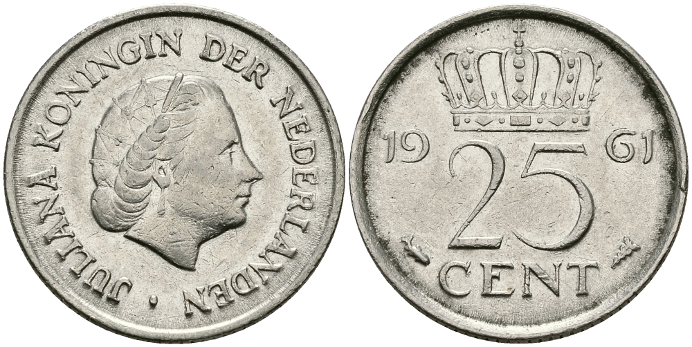 НИДЕРЛАНДЫ 25 ЦЕНТОВ 1961 ЮЛИАНА KM 183 никель 96-148