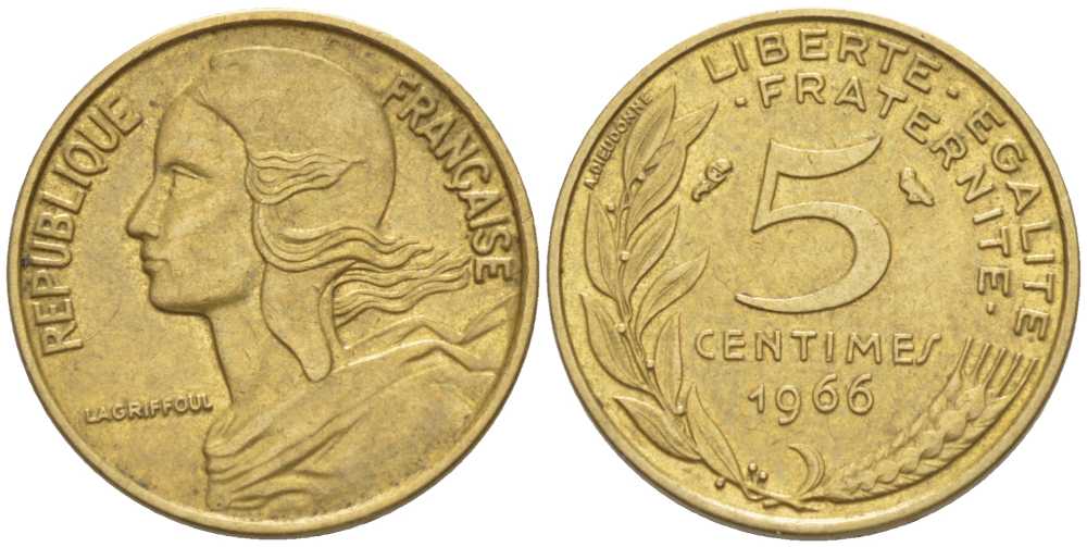 ФРАНЦИЯ 5 САНТИМОВ 1966 ТИП MARIANNE KM 933, LE FRANC 125.2 алюминиевая бронза 66-548
