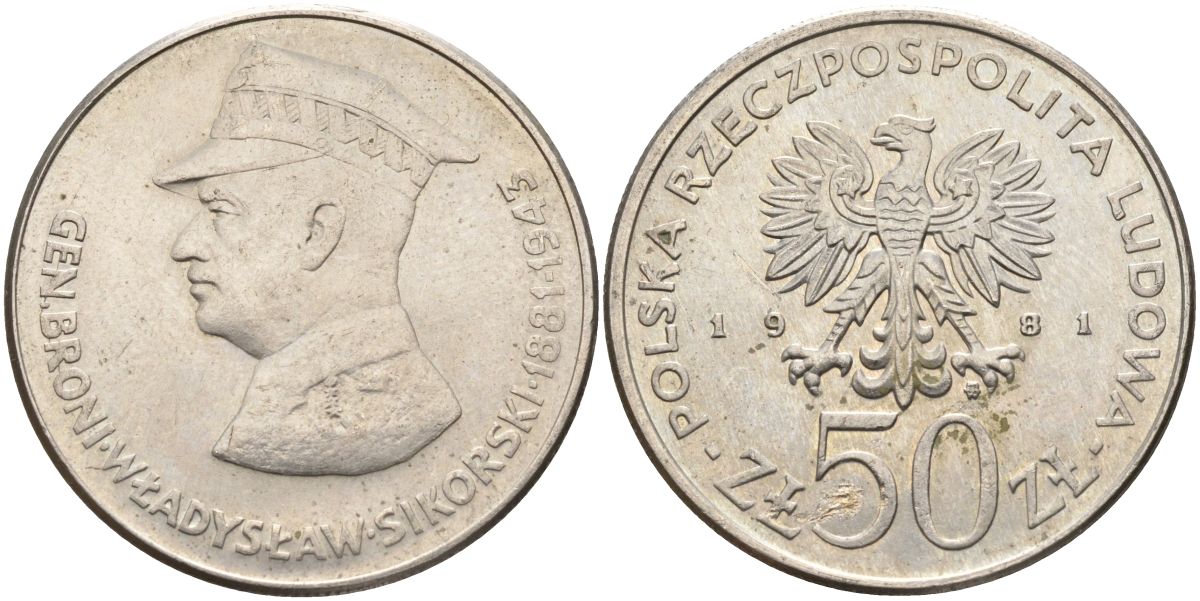 Польша 50 злотых 1981 MW, военачальники Второй мировой войны - Владислав Сикорский Y 122 медно-никель 88-723