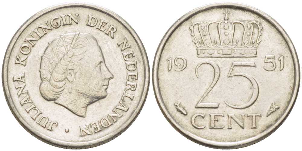 Нидерланды 25 центов 1951 Юлиана (1949-1980) KM 183 никель 214-919