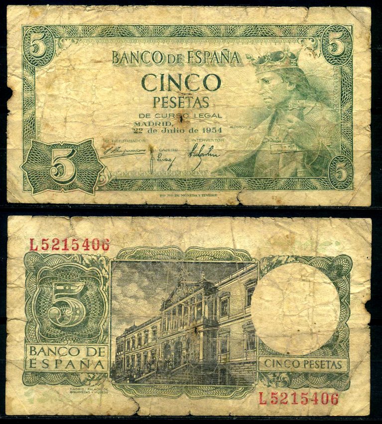 Испания 5 песет 1954 Альфонсо X, король Кастилии и Леона, дворец библиотек и музеев, Мадрид Pick 146 a бумага 7203-35-1-2