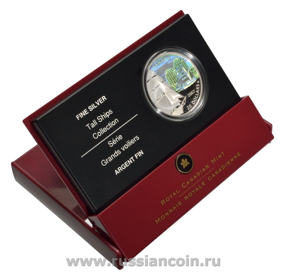 Канада 20 долларов 2007 серия Парусники - бригантина, голограмма, в фирменной коробке с сертификатом KM 738 серебро PROOF 4-3-2-16