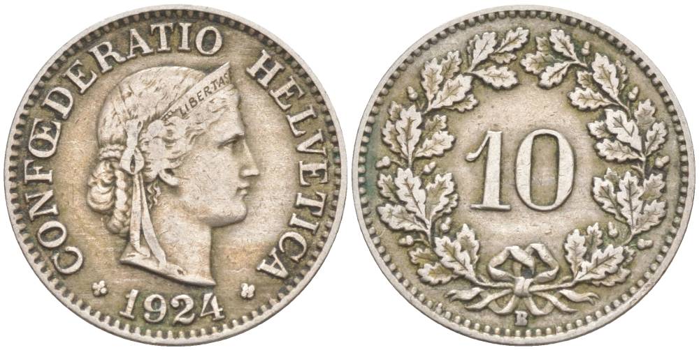 Швейцария 10 раппенов 1924 В KM 27 медно-никель 3309-254