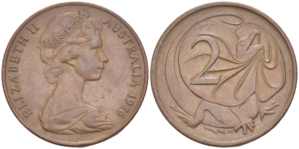 Австралия 2 цента 1976 Елизавета II (1952-2022), плащеносная ящерица (FRILLED LIZARD)  KM 63 бронза 4519-445
