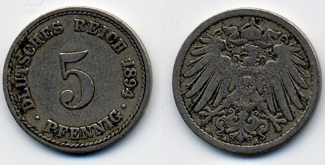 ГЕРМАНИЯ 5 ПФЕННИГОВ 1894 A, KM 11, J. 12 медно-никель 51-5248