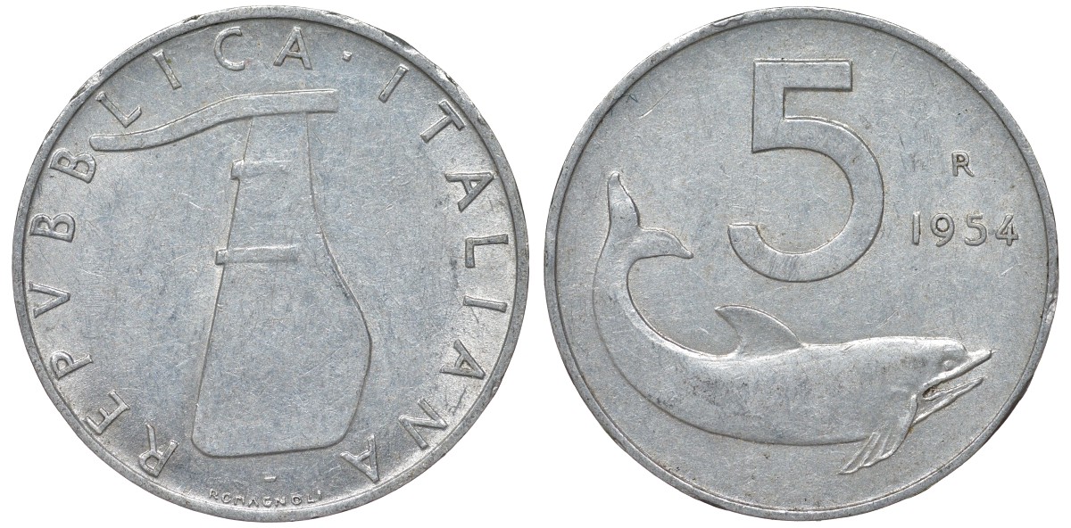 Италия 5 лир 1954 R, дельфин KM 92 алюминий 4164-426