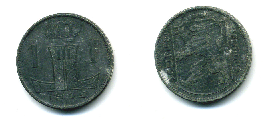 БЕЛЬГИЯ 1 ФРАНК 1945 BELGIE-BELGIQUE, ГЕРМАНСКАЯ ОККУПАЦИЯ, ВТОРАЯ МИРОВАЯ ВОЙНА KM 128 цинк 86-1125
