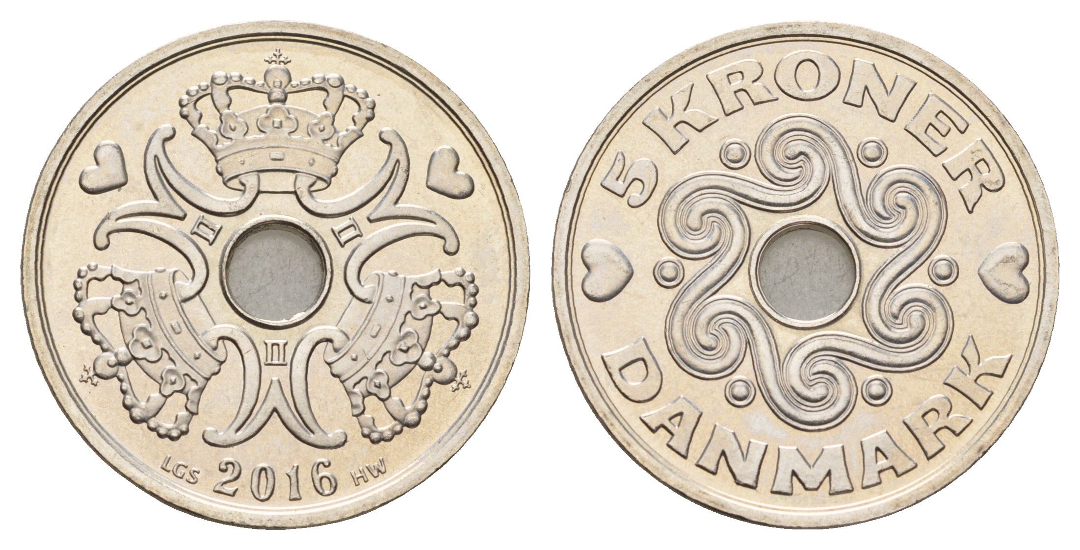 Дания 5 крон 2016 Маргрете II (1972-2024) KM 869 медно-никель UNC 119-121