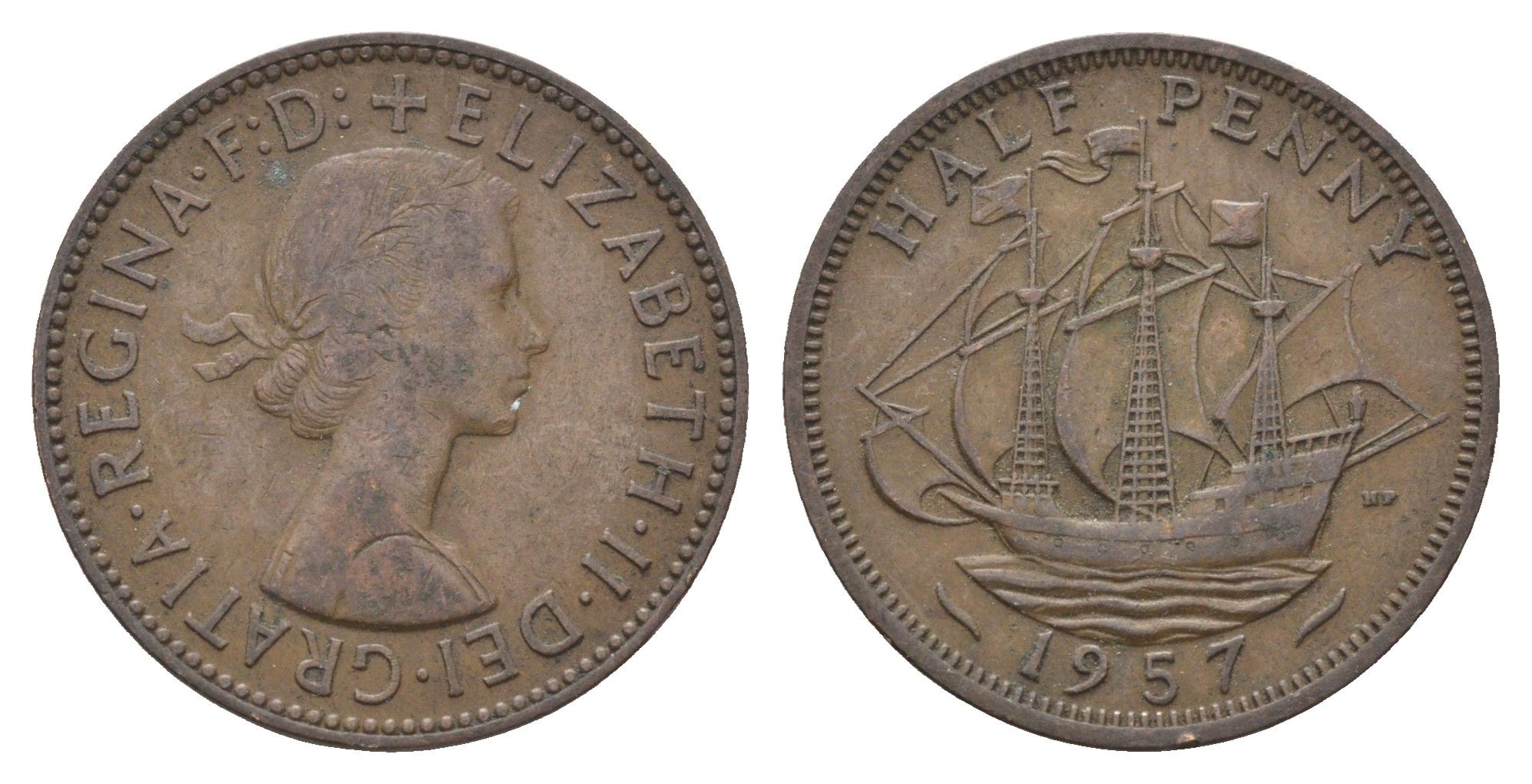 Великобритания 1/2 пенни 1957 Елизавета II (1952-2022) KM 896, Spink 4158 бронза 4662-1142