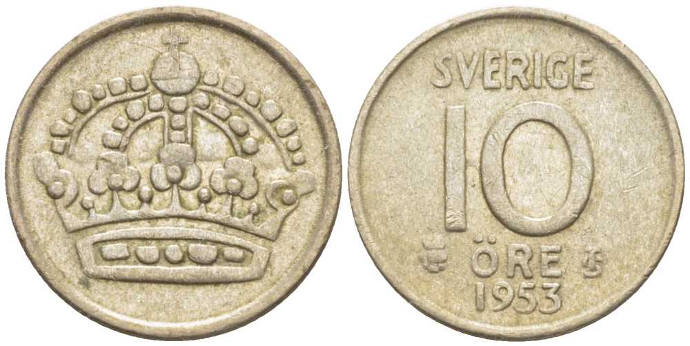 Швеция 10 эре 1953 TS, Густав VI Адольф (1950-1973) KM 823 серебро 116-1212