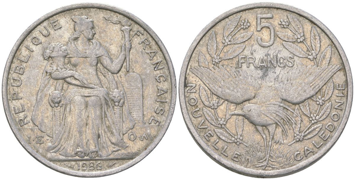 Французская Новая Каледония 5 франков 1986 птица кагу, (IEOM) KM 16, Schoen 12, Lec 76 алюминий 180-622
