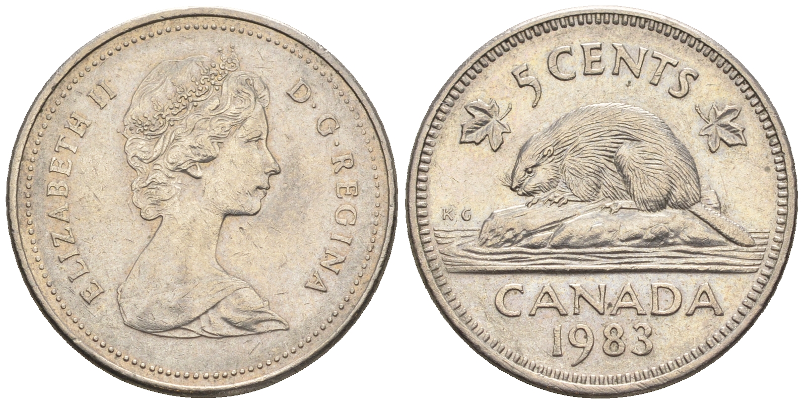 Канада 5 центов 1983 Елизавета II (1952-2022), бобер KM 60.2а медно-никель 4609-431