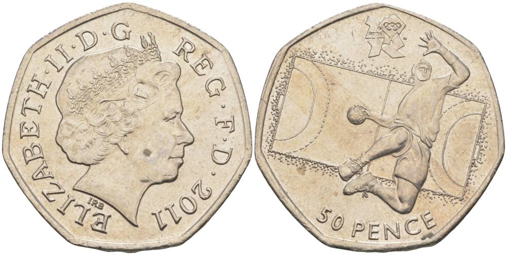 Великобритания 50 пенсов 2011 XXX летние Олимпийские игры в Лондоне в 2012 году, гандбол, Елизавета II (1952-2022) KM 1192, Spink LO5 медно-никель 00-00