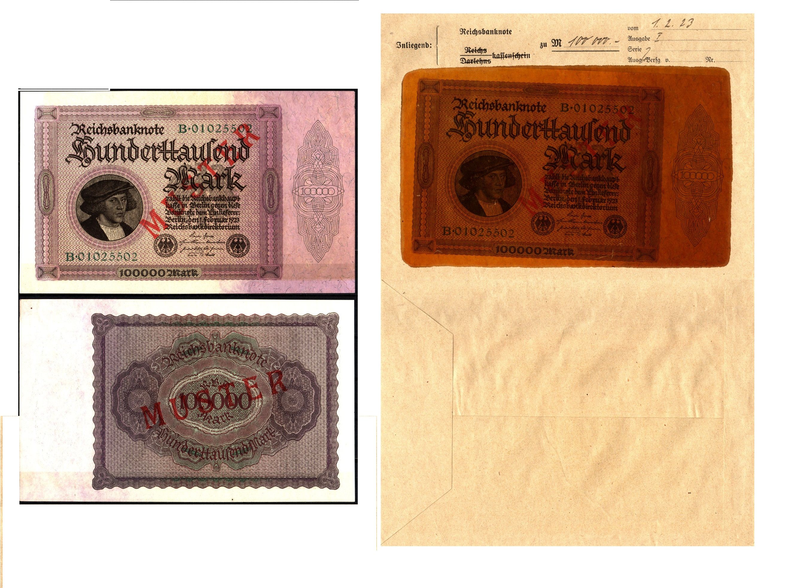 Германия 100000 марок 1923 1 февраля, MUSTER, образец, Specimen. В оригинальном банковском конверте. Из коллекции Отто Сейфферта (помощник Ялмара Шахта - министра экономики Германии и президента Рейхсбанка времен третьего рейха) Pick 83 s, Grabowski DEU 9
