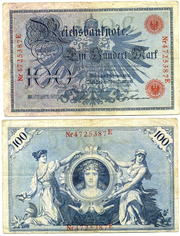 ГЕРМАНИЯ 100 МАРОК 1908 7 ФЕВРАЛЯ 1908, КРАСНАЯ ПЕЧАТЬ, ДЛИННА НОМЕРА СЕРИИ 29 ММ. Pick 33а бумага 3295-52-2