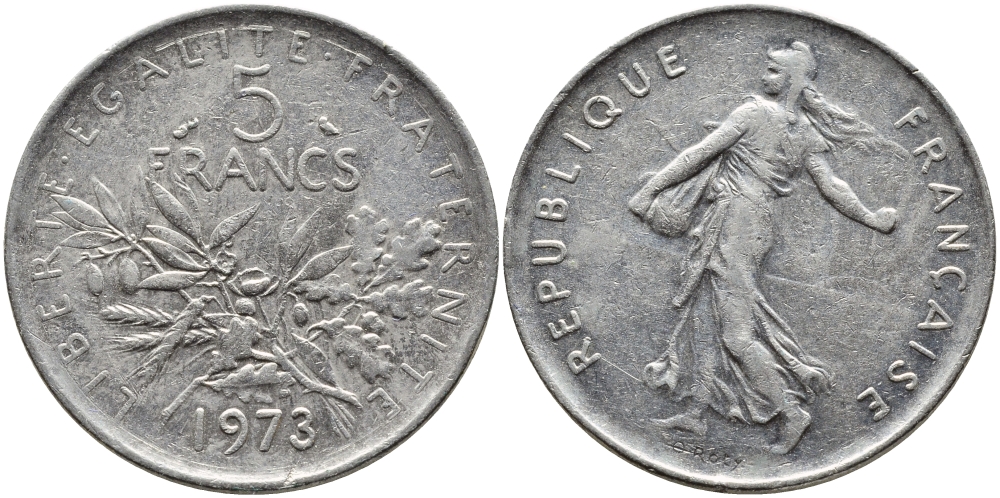 ФРАНЦИЯ 5 ФРАНКОВ 1973 СЕЯТЕЛЬ KM 926a.1, LE FRANC 341.5 медно-никель плакированный никелем 4389-836