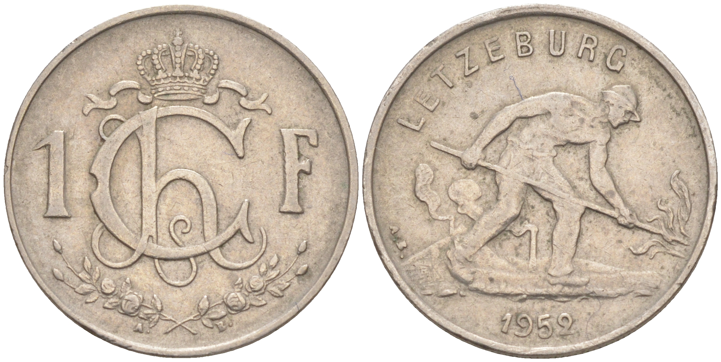 ЛЮКСЕМБУРГ 1 ФРАНК 1952 СТАЛЕВАР KM 46.2 медно-никель 212-1113