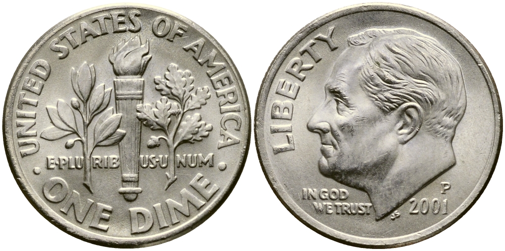 США 10 ЦЕНТОВ = 1 ДАЙМ 2001 P, РУЗВЕЛЬТ KM 195а медь плакированная медно-никелем 46-967