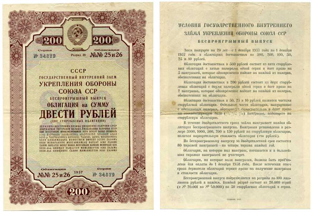 СССР, Государственный внутренний заем укрепления обороны СССР, беспроигрышный выпуск 200 рублей, 2 облигации 1937 ГЦБ 37.1.5 бумага 7457-56-1