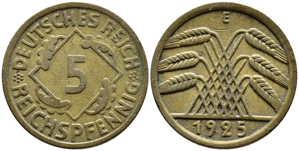 ГЕРМАНИЯ 5 РЕЙХСПФЕННИГОВ 1925 E, KM 39, J. 316 алюминиевая бронза 4387-1153