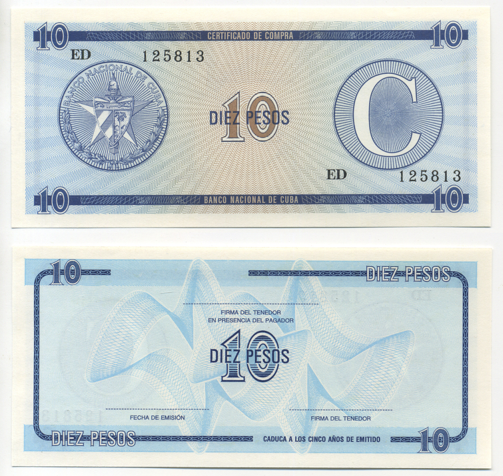 Куба, валютный сертификат 10 песо ND серия C, второй выпуск, голубая Pick FX 22 бумага UNC (пресс) 448-20-2