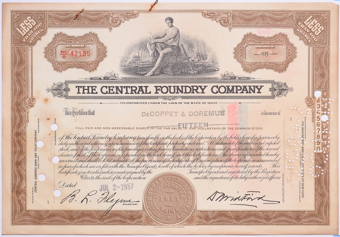 США 15 акций 1957 Центральной литейной компании   бумага   5547-6-2-1