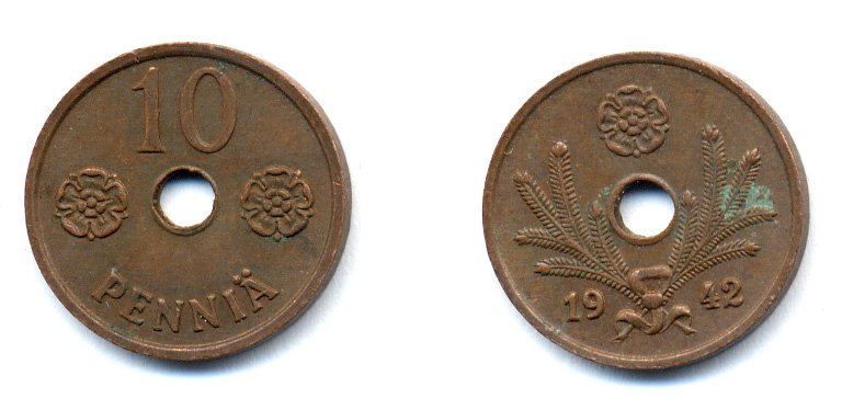 ФИНЛЯНДИЯ 10 ПЕННИ 1942 KM 33.1 медь 51-4954
