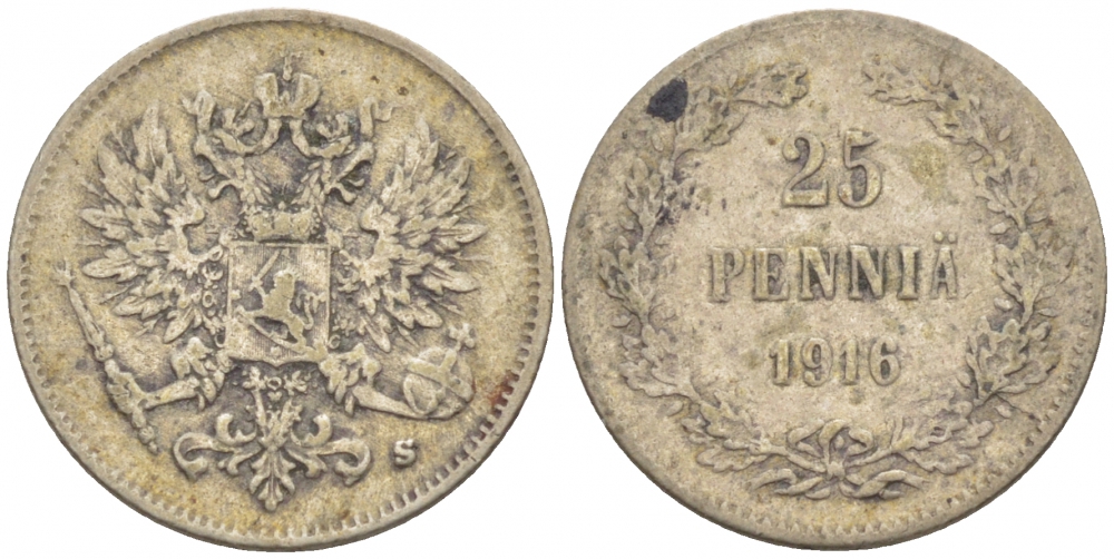 Россия для Финляндии 25 пенни 1916 S, Николай II (1894-1917) KM 6.2, Биткин 421 серебро 112-1142