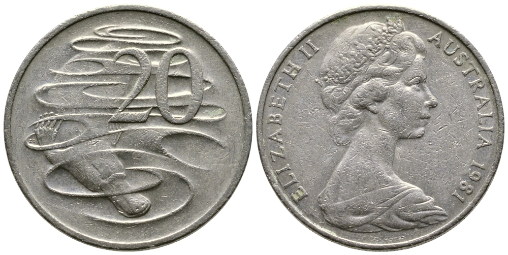 АВСТРАЛИЯ 20 ЦЕНТОВ 1981 ЕЛИЗАВЕТА II, МОЛОДОЙ ПОРТРЕТ, УТКОНОС KM 66 медно-никель 84-1024