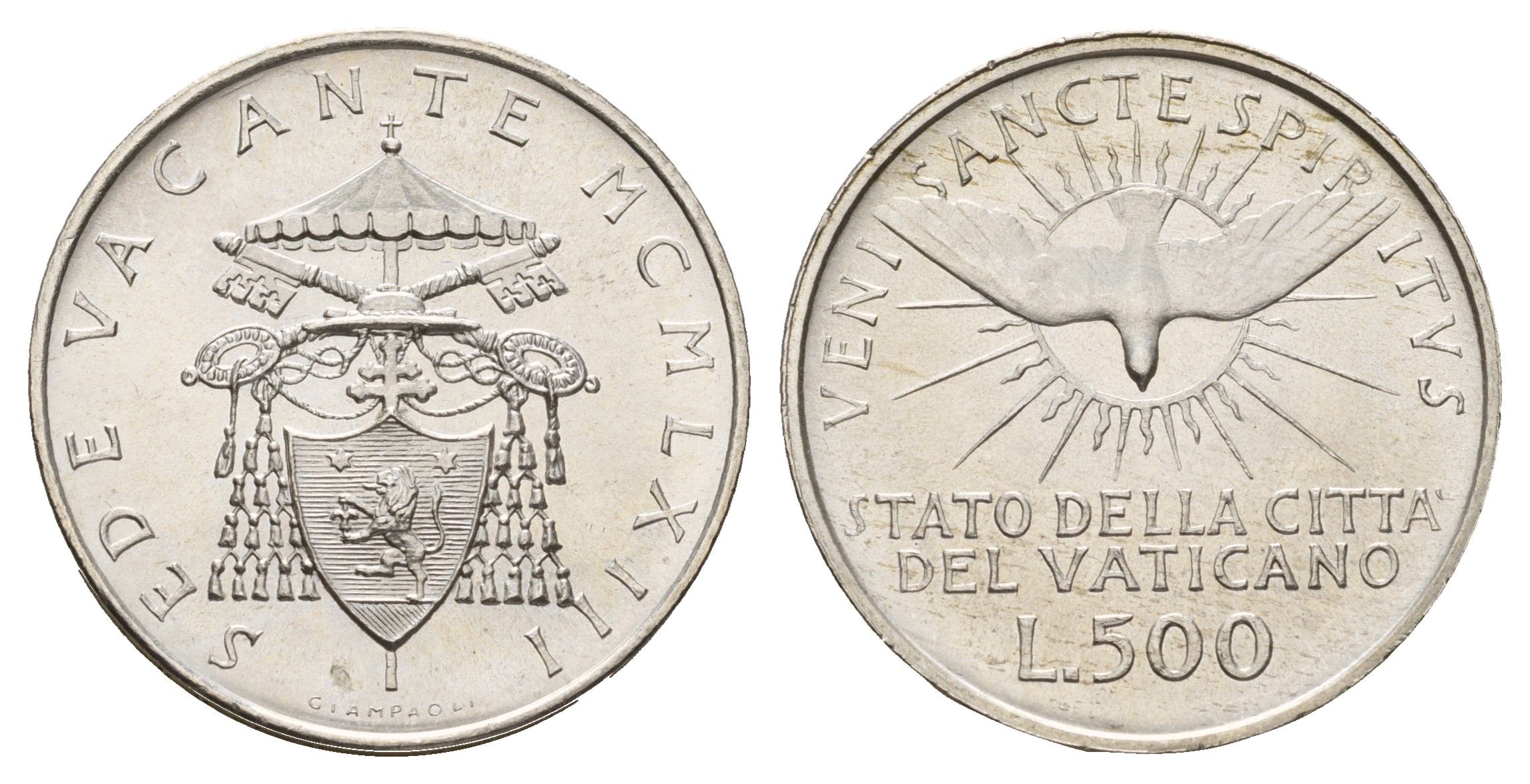 Ватикан 500 лир 1963 вакантный престол (Sede Wacante) KM 75 серебро UNC 11-134-35