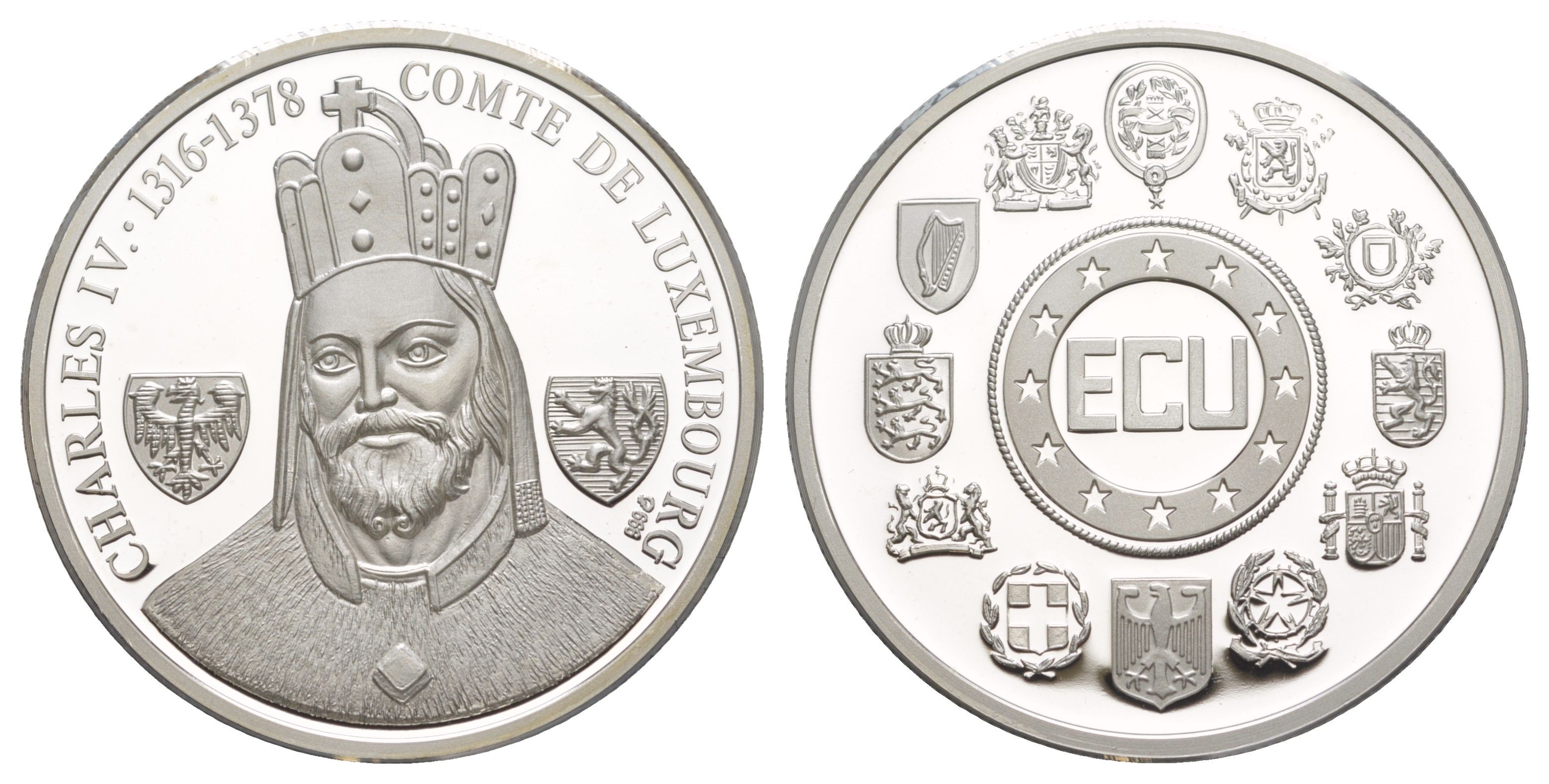 Люксембург 1 экю ND (1993) Карл IV, с сертификатом подлинности X 40 серебро PROOF 1083-5-42